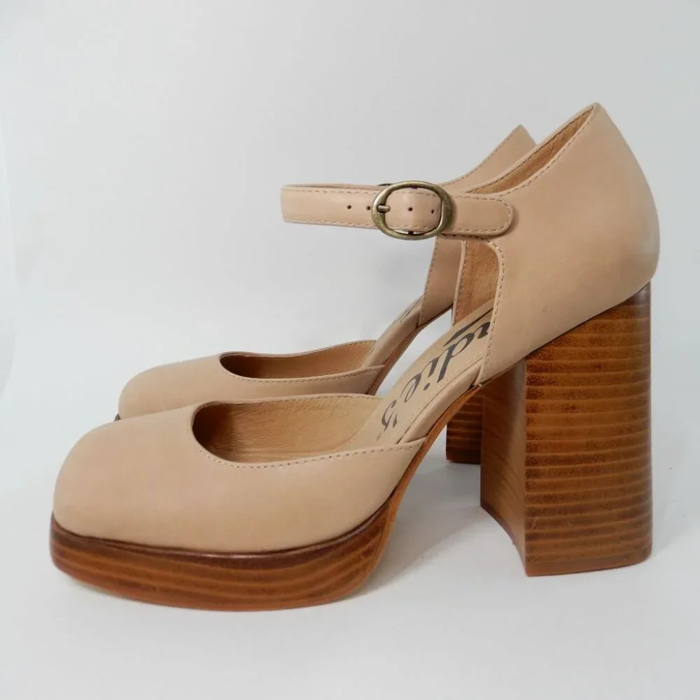 CANDIE'S Halt Platform Pumps Block Heel Size 10 Natural All Leather NEW $160 - Picture 5 of 15